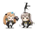  &gt;_&lt; :3 :d armband balancing balancing_on_head black_gloves black_jacket black_legwear blush blush_stickers brown_hair chibi closed_eyes commentary core_(girls_frontline) cube detergent diamond dinergate_(girls_frontline) fingerless_gloves girls_frontline gloves grey_hair gun hair_ornament hairclip highres hood hood_down hooded_jacket jacket juggling junsuina_fujunbutsu long_hair looking_at_viewer multiple_girls object_on_head one_side_up open_clothes open_jacket open_mouth scar scar_across_eye simple_background smile submachine_gun twintails ump45_(girls_frontline) ump9_(girls_frontline) weapon white_background xd 