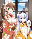  2girls :d apron beamed_eighth_notes blue_eyes blue_hair blue_sky blurry blurry_background blush bow brown_bow brown_hair building chair closed_mouth cloud cloudy_sky commentary_request day eighth_note floral_print flower frilled_apron frills gochuumon_wa_usagi_desu_ka? green_eyes hair_bow hair_bun hair_flower hair_ornament hairdressing hand_mirror highres holding holding_mirror indoors japanese_clothes kafuu_chino kimono long_hair long_sleeves looking_at_viewer maid_apron mirror multiple_girls musical_note on_chair open_mouth orange_kimono print_kimono red_kimono ryoutan side_bun side_ponytail sidelocks sitting sky smile twintails ujimatsu_chiya very_long_hair white_bow white_flower wide_sleeves window x_hair_ornament 