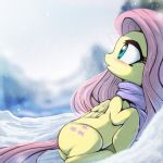  2017 cutie_mark equine feathered_wings feathers female feral fidzfox fluttershy_(mlp) friendship_is_magic hair long_hair mammal my_little_pony nature outside pegasus pink_hair scarf sky snow solo wings winter 