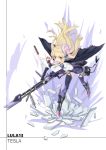  artist_name black_legwear blonde_hair blush character_request copyright_request eyebrows_visible_through_hair full_body garter_straps gun highres holding holding_gun holding_weapon long_hair looking_at_viewer nervous_smile open_mouth pink_eyes qihai_lunpo solo teeth thighhighs weapon 
