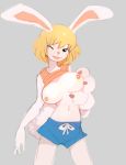  anthro big_breasts blonde_hair breasts camel_toe carrot_(one_piece) clothed clothing clothing_lift exposed_breasts female fur grey_background hair lagomorph looking_at_viewer mammal nipples one_eye_closed one_piece paperclip_(artist) rabbit shirt shirt_lift shorts simple_background solo white_fur 