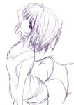  arched_back arm_up bangs bare_arms bare_shoulders bat_wings breasts butt_crack casual collarbone commentary_request cowboy_shot downblouse eyebrows_visible_through_hair from_above from_side hand_in_hair highres looking_at_viewer monochrome nori_tamago petite pointy_ears purple remilia_scarlet short_hair short_shorts shorts simple_background sketch sleeveless small_breasts solo standing tank_top touhou white_background wings work_in_progress 