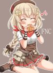  :3 ^_^ arm_warmers bag bandana bangs belt beret blush boots bow braid breasts brown_background brown_belt brown_bow brown_footwear brown_hat brown_skirt character_name closed_eyes closed_mouth commentary_request cross-laced_footwear eating eighth_note eyebrows_visible_through_hair facing_viewer fn_fnc_(girls_frontline) food frilled_skirt frills girls_frontline hair_bow hair_ornament hat holding holding_food lace-up_boots light_brown_hair long_hair musical_note outline pleated_skirt red_bandana satchel shirt shiruzu_(sk10102194) short_sleeves single_braid sitting skirt small_breasts solo striped striped_bow very_long_hair waffle wariza white_outline white_shirt 