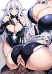  1boy 1girl anus aqua_eyes ass black_heart blush bodysuit breasts censored choujigen_game_neptune clavicle cleavage closed_mouth cowgirl_position dark-skinned_male dark_skin female gloves hetero huge_ass interracial large_breasts leotard long_hair looking_at_viewer male multiple_views neptune_(series) noire nyamota_(noraneko_koubou) open_mouth penis pussy sex smile straddling sweat white_hair 