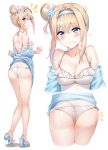 absurdres ass bangs bare_back bare_shoulders bikini blonde_hair blue_eyes blue_footwear blue_jacket blush breasts bunny_hair_ornament butt_crack cleavage closed_mouth clothes_down collarbone commentary_request eyebrows_visible_through_hair frilled_bikini frills full_body girls_frontline hair_between_eyes hair_bun hair_intakes hair_ornament hairband halter_top halterneck head_tilt heel_raised high_heels highres jacket korean_commentary long_hair looking_at_viewer looking_back medium_breasts multiple_views notice_lines off_shoulder open_clothes open_jacket sandals shoulder_blades sidelocks smile snowflake_hair_ornament standing sunhyun suomi_kp31_(girls_frontline) swimsuit white_bikini 