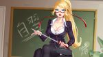  1_girl blonde_hair blue_eyes breasts chalkboard cleavage glasses large_breasts long_hair skirt stockings tagme teacher 
