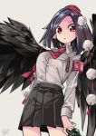  aioi_aoi alternate_costume armband black_hair black_skirt black_wings camera commentary dated dress_shirt eyebrows_visible_through_hair feathered_wings hat long_sleeves looking_at_viewer medium_hair pen pleated_skirt pointy_ears pom_pom_(clothes) red_eyes red_neckwear shameimaru_aya shirt signature simple_background skirt solo tokin_hat touhou white_background white_shirt wings 