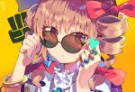  bangle bangs bow bracelet brown_eyes closed_mouth commentary drill_hair eyebrows_visible_through_hair eyelashes hair_bow high_collar jewelry light_brown_hair looking_at_viewer pendant ribbon ring round_eyewear sunglasses to-den_(v-rinmiku) touhou twin_drills yorigami_jo'on 