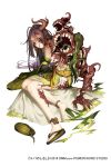  asymmetrical_arms body_horror bridal_gauntlets brown_hair covering covering_breasts dmm earrings extra_eyes extra_mouth full_body horn jewelry looking_at_viewer official_art pointy_ears red_eyes scar shoes simple_background single_shoe teeth torn_clothes yuba_no_shirushi zenmaibook 