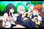  3boys anti_(ssss.gridman) bangs black_hair black_pants black_skirt blue_eyes blue_pants blue_shirt blue_sky bow bowtie breasts cardigan closed_eyes cloud cloudy_sky collared_shirt commentary_request cup day doughnut eyebrows_visible_through_hair food glasses green_hair green_shirt hibiki_yuuta holding holding_cup holding_food letterboxed long_hair long_sleeves medium_breasts miniskirt multiple_boys napkin nnyara open_clothes open_shirt orange_scrunchie pants pleated_skirt red_bow red_hair red_neckwear school_uniform scrunchie shirt short_sleeves silver_hair sitting skirt sky squatting ssss.gridman sweat sweater takarada_rikka thighs tree utsumi_shou waistcoat white_cardigan white_shirt white_sweater wing_collar wrist_scrunchie 