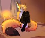  4_toes anthro bed bedroom_eyes blonde_hair bottomless canine clothed clothing covering covering_self foot_focus fox fur girly hair half-closed_eyes hi_res hindpaw inside leggings legwear looking_at_viewer male mammal mostly_nude multicolored_fur nirai nirai_(artist) partially_clothed pawpads paws seductive smile solo stockings sunset teasing toes topless two_tone_fur white_fur yellow_fur 