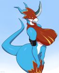 anthro armor big_breasts big_butt blue_skin bottomless breasts butt clothed clothing digimon fangs female flamedramon helmet huge_breasts huge_butt huge_thighs looking_at_viewer nipple_bulge red_eyes riipley smile solo unconvincing_armor voluptuous white_skin 