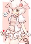  ? @_@ animal_ears bow bowtie commentary dress eyebrows_visible_through_hair gloves highres kemono_friends neck_ribbon pig_(kemono_friends) pig_ears pig_nose pig_tail pink_hair pleated_dress puffy_short_sleeves puffy_sleeves ribbon short_hair short_sleeves solo spoken_question_mark sweatdrop tail teranekosu thighhighs zettai_ryouiki 