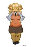  anthro belly biped blush breasts caprine clothed clothing female grin horn legwear long_ear mammal navel rtr school_uniform sheep shirt signature simple_background skirt slightly_chubby smile solo standing thick_thighs uniform wide_hips 