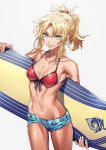  blonde_hair braid fate/grand_order fate_(series) front-tie_bikini front-tie_top green_eyes highres looking_at_viewer mordred_(fate)_(all) mordred_(swimsuit_rider)_(fate) prydwen red_bikini_top red_scrunchie scrunchie short_shorts shorts simple_background solo surfboard tenobe 