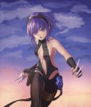  1girl 7aehyun bare_shoulders black_gloves black_hairband black_legwear black_leotard breasts center_opening cloud cloudy_sky cowboy_shot fate/prototype fate/prototype:_fragments_of_blue_and_silver fate_(series) fingerless_gloves flower_ornament gloves hairband hassan_of_serenity_(fate) highres holding holding_knife holding_weapon knife kunai leggings leotard looking_at_viewer navel open_mouth purple_eyes purple_hair short_hair sky small_breasts solo thigh_strap weapon 