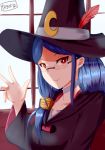  absurdres artist_name blue_hair choker collarbone grey_choker hat hat_feather highres little_witch_academia long_hair looking_at_viewer red_eyes rimless_eyewear smile solo tegar32 ursula_charistes waving wide_sleeves witch witch_hat 