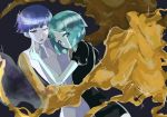  androgynous aqua_hair bangs blue_eyes blue_hair blunt_bangs crystal_hair dual_persona eyebrows_visible_through_hair eyes_visible_through_hair gem_uniform_(houseki_no_kuni) glowing glowing_eye gold golden_arms green_hair gyu_nba32 height_difference heterochromia houseki_no_kuni looking_at_viewer multiple_others necktie phosphophyllite phosphophyllite_(ll) see-through_sleeves short_hair smile sparkle spoilers white_eyes white_skin 