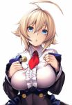  ahoge ascot blazblue blonde_hair blue_eyes breasts es_(xblaze) highres large_breasts looking_at_viewer red_neckwear shirt short_hair simple_background solo takanashi-a white_background white_shirt xblaze 