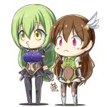  1boy 1girl :3 aishuu_hebiko androgynous bodysuit boots breasts brown_hair chibi female fur green_hair knife large_breasts long_hair pink_hair shikanosuke_(taimanin_asagi) shiny shiny_hair shiny_skin shota simple_background skirt standing taimanin_(series) taimanin_asagi taimanin_rpgx trap weapon yellow_eyes zakkin_(zakkinman) 