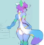  ? ambiguous_gender anthro big_butt blush bra butt canine clothing fox girly hair looking_back mammal mostly_nude panties paperclip_(artist) purple_hair simple_background solo standing sweat thong underwear 