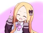 :d ^_^ abigail_williams_(fate/grand_order) bangs blonde_hair blush bow closed_eyes collared_shirt commentary_request cosplay eighth_note facing_viewer fate/grand_order fate_(series) forehead gradient gradient_background hair_bow hands_up jacket kujou_karasuma long_hair long_sleeves musical_note open_mouth parted_bangs pink_background pink_bow purple_bow purple_jacket salute shinjou_akane shinjou_akane_(cosplay) shirt sleeves_past_wrists smile solo ssss.gridman vulcan_salute white_background white_shirt 