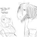  2018 anthro black_and_white black_eye clothed clothing draft_horse duo ears_down english_text equine feathering female fetlocks fur hladilnik horse larger_female male mammal monochrome neck_brace plaster sad size_difference smaller_male text tinker_(hladilnik) wounded 