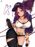  1girl akali asymmetrical_legwear bangle baseball_cap belt blue_eyes bracelet breasts collarbone hat idol jewelry k/da_(league_of_legends) k/da_akali kirim large_breasts league_of_legends long_sleeves ponytail purple_hair solo spray_can strapless tubetop 