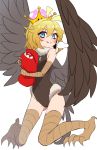  =3 antenna_hair ass_visible_through_thighs bangs bird_legs bird_wings black_leotard blonde_hair blue_eyes blush broom brown_wings cabbie_hat closed_mouth commentary_request crown eyebrows_visible_through_hair full_body fur-trimmed_leotard fur_trim hat highres holding holding_hat klepto kneeling leotard long_hair looking_at_viewer mario_(series) new_super_mario_bros._u_deluxe partial_commentary sarujie_(broken_monky) simple_background smile snort solo super_crown super_mario_64 super_mario_bros. talons white_background wings 