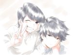  1girl arm_on_shoulder black_eyes black_hair komi-san_wa_komyushou_desu komi_shousuke komi_shuuko looking_at_viewer mitsugu mother_and_son one_eye_closed smile source_request v white_background 