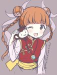  ;d absurdres animal animal_on_shoulder bangs blunt_bangs blush braid breasts brown_background brown_eyes brown_hair chinese_clothes commentary_request cropped_torso double_bun dr._rin_kiite_mite! eyebrows_visible_through_hair fingernails grey_background hair_ribbon hand_up highres kanzaki_meirin long_hair long_sleeves looking_at_viewer monkey neki_(wakiko) on_shoulder one_eye_closed open_mouth red_shirt ribbon sash see-through see-through_sleeves shirt side_bun simple_background small_breasts smile solo tenshin_(dr._rin_kiite_mite!) twin_braids twintails twitter_username upper_body very_long_hair 