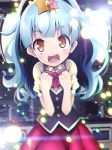  blue_hair blush bow bowtie chromatic_aberration clenched_hands commentary hair_ornament highres hoshikawa_lily idol open_mouth orange_eyes short_sleeves skirt smile solo star star_hair_ornament tom_(drpow) twintails zombie_land_saga 