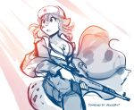  2018 anthro breasts canine cleavage clothed clothing feline female fur gun hat hi_res holding_object holding_weapon hybrid kathrin_(twokinds) keidran mammal military_uniform monochrome open_mouth pinup pose ranged_weapon rifle simple_background sketch solo spots spotted_fur tom_fischbach twokinds uniform weapon webcomic white_background 