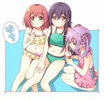  bikini black_hair brown_eyes casual_one-piece_swimsuit commentary_request cup disposable_cup drinking drinking_straw hair_between_eyes highres ishikawa_goe long_hair looking_at_viewer minamoto_momo multiple_girls namori navel official_art one-piece_swimsuit purple_hair red_hair release_the_spyce sagami_fuu short_hair sitting swimsuit translation_request twintails wariza 