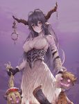  absurdres asymmetrical_gloves bandages bangs bare_shoulders breasts commentary_request corset danua doll draph dress earrings elbow_gloves fingerless_gloves fingernails gloves granblue_fantasy gretel_(granblue_fantasy) hansel_(granblue_fantasy) highres holding horn_ornament horns jewelry large_breasts long_hair looking_at_viewer myless parted_lips pointy_ears red_eyes simple_background single_elbow_glove sleeveless solo 