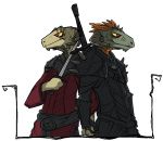  argonian armor belt clothing duo feathers hand_holding horn keebles male melee_weapon scalie scar slit_pupils sword the_elder_scrolls video_games weapon 