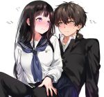  1girl 3: bangs black_hair black_jacket black_pants black_sailor_collar black_skirt blue_neckwear blush chitanda_eru couple eyebrows_visible_through_hair flying_sweatdrops hair_between_eyes hyouka jacket long_hair long_sleeves mery_(apfl0515) oreki_houtarou pants pleated_skirt purple_eyes sailor_collar school_uniform serafuku shirt simple_background skirt sweatdrop wavy_mouth white_background white_shirt yellow_eyes 