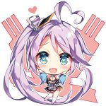  :d ahoge anchor azur_lane bangs bare_shoulders black_bikini_top black_skirt blue_eyes blue_shirt blush breasts chibi cleavage commentary_request detached_collar eyebrows_visible_through_hair fang full_body hair_ornament hands_on_own_cheeks hands_on_own_face heart heart-shaped_pupils heart_ahoge long_hair long_sleeves looking_at_viewer medium_breasts miniskirt mismatched_legwear off_shoulder open_mouth pleated_skirt portland_(azur_lane) purple_hair shirt side_ponytail simple_background skirt smile solo star star_print symbol-shaped_pupils turret unacchi_(nyusankin) very_long_hair white_background white_legwear 