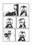  &gt;_&lt; 2girls :3 blush comic commentary_request covering_face embarrassed emperor_penguin_(kemono_friends) eyebrows_visible_through_hair full-face_blush greyscale hair_over_one_eye headphones highres hood hoodie kemono_friends kotobuki_(tiny_life) leotard long_hair long_sleeves monochrome multiple_girls no_shoes penguin_tail royal_penguin_(kemono_friends) short_hair sleeping tail thighhighs twintails 