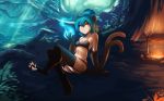  2018 4_toes animal_humanoid blue_hair breasts cat_humanoid clothed clothing detailed_background digital_media_(artwork) digitigrade eyelashes feline female fire hair humanoid lingerie mammal midriff navel solo toes tom_fischbach yellow_eyes 