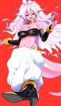  android_21 black_nails black_sclera breasts choker cleavage collarbone dragon_ball dragon_ball_fighterz highres large_breasts long_hair looking_at_viewer majin_android_21 mityubi nail_polish navel open_mouth pink_skin pointy_ears red_background red_eyes simple_background sketch solo tail white_hair yellow_choker 