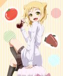  :d black_legwear blonde_hair brown_skirt demi-chan_wa_kataritai double_bun drink drinking_straw fang highres kneehighs looking_at_viewer negi_toro open_mouth pleated_skirt shirt sitting skirt smile solo striped striped_background takanashi_hikari thighhighs tomato vampire yellow_eyes 