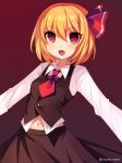  :d absurdres ascot blonde_hair blush brown_skirt eyebrows_visible_through_hair fang hair_ribbon highres long_sleeves looking_at_viewer marota navel open_mouth red_neckwear red_ribbon ribbon rumia shirt short_hair sketch skirt smile solo touhou twitter_username white_shirt 