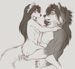  2018 anthro black_hair black_nose breasts canine duo female fur hair inkrend male mammal muscular muscular_male nude size_difference smaller_female white_fur wolf 