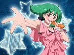  ahoge bracelet commentary_request dress green_hair jewelry macross macross_frontier macross_frontier:_itsuwari_no_utahime microphone music necklace official_style oosanshouuo-san open_mouth outstretched_arm pink_dress ranka_lee red_eyes sakuyamelody short_hair singing smile solo star starry_background 