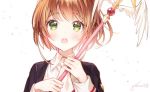  :o blush brown_hair cardcaptor_sakura floating_hair gomzi green_eyes holding holding_staff kinomoto_sakura looking_at_viewer necktie school_uniform short_hair signature solo staff tomoeda_middle_school_uniform upper_body white_background white_neckwear yume_no_tsue 