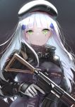  1girl assault_rifle bangs beret blunt_bangs breasts facial_mark gloves green_eyes gun h&amp;k_hk416 hair_ornament hat heckler_&amp;_koch highres hk416_(girls_frontline) holding holding_gun holding_weapon jacket kachayori light_particles long_hair looking_at_viewer medium_breasts parted_lips rifle silver_hair solo teardrop trigger_discipline very_long_hair weapon 