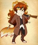  2018 anthro brown_hair canine clothed clothing digital_media_(artwork) dog female gun hair holding_object holding_weapon inkrend mammal ranged_weapon solo standing weapon 