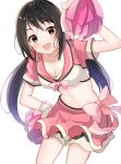  :d bangs black_hair blush bow bowtie breasts brown_eyes cheerleader cleavage collarbone collared_shirt commentary_request crop_top eyebrows_visible_through_hair hair_bow hand_on_hip hand_up highres idolmaster idolmaster_cinderella_girls layered_skirt leaning_forward legs_apart long_hair looking_at_viewer low_twintails medium_breasts midriff miniskirt nakano_yuka navel open_mouth pink_bow pink_neckwear pink_shirt pink_skirt pom_poms satoimo_chika shirt short_sleeves sidelocks simple_background skirt smile solo standing stomach sweat twintails white_background 