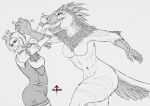  2018 anthro breasts digital_media_(artwork) dinosaur duo feathers featureless_breasts female hair human inkrend mammal navel open_mouth raptor simple_background teeth theropod 